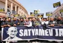 Opposition MPs protest over Rahul Gandhi’s disqualification and Gautam Adani issue