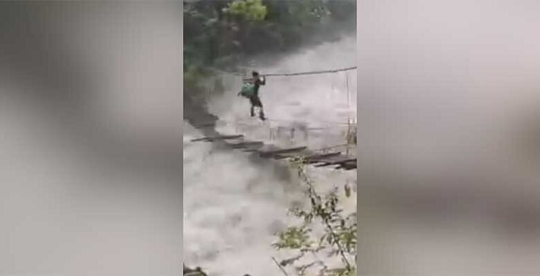 VIRAL VIDEO- Arunachal Villager Risks Life on Damaged Suspension Bridge