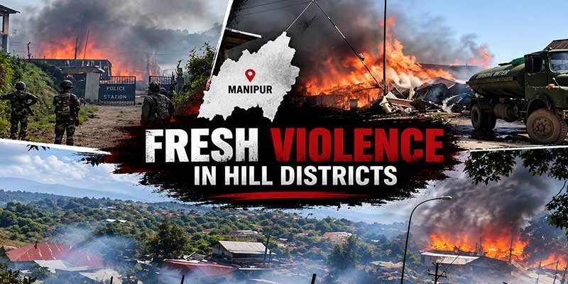 At least five people were killed in fresh Manipur violence, with homes and shops torched as authorities imposed restrictions across affected areas.